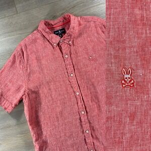 Psycho Bunny XL Orange 100% Linen Button Down Lightweight Heathered